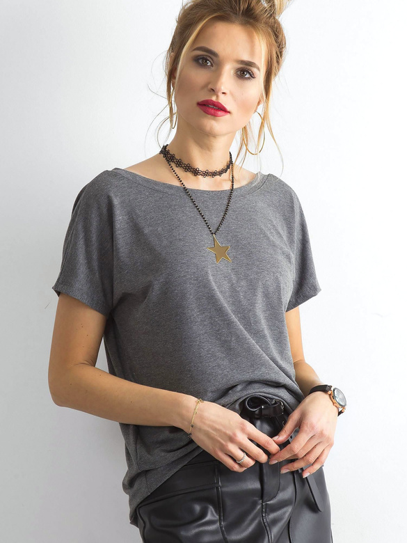T-shirt basic z dekoltem z tyłu Feel Good ciemny szary (4662-37P)