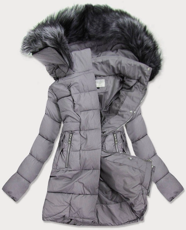 DAMSKA KURTKA PIKOWANA ZIMOWA Z KAPTUREM SZARA (17-032)