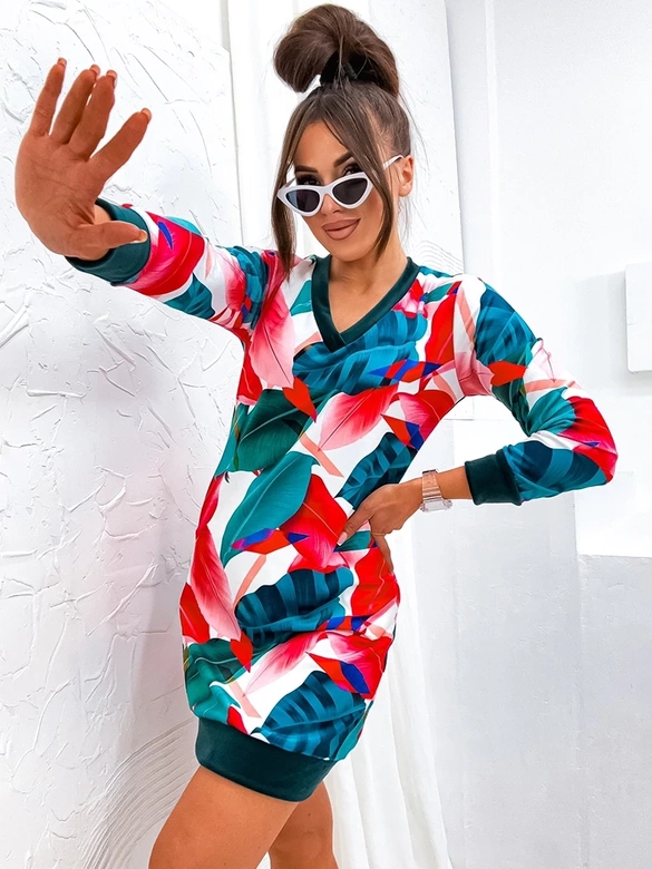 Welurowa sukienka w liście zielony/czerwony (8268)