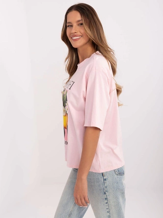 Bawełniany t-shirt damski z nadrukiem jasnoróżowy (M745-1)