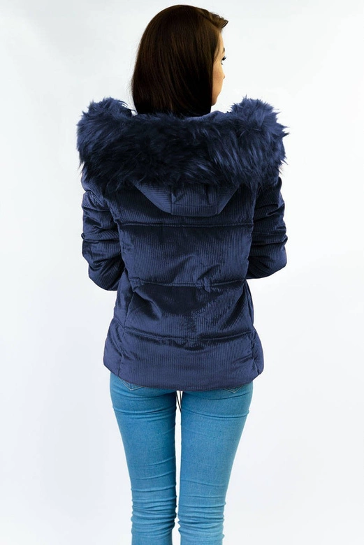 Sztruksowa damska kurtka z kapturem granatowa (7696)