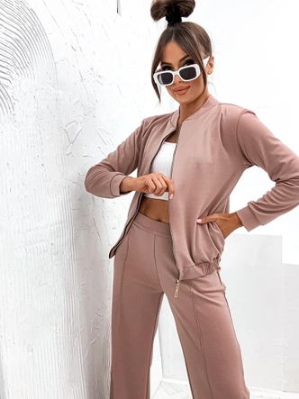 Komplet damski szerokie spodnie i bluza bomberka cappuccino (82105)