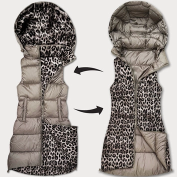 Gruba kamizelka dwustronna z odpinanym kapturem beżowy-panterka (T5-2602#-62)