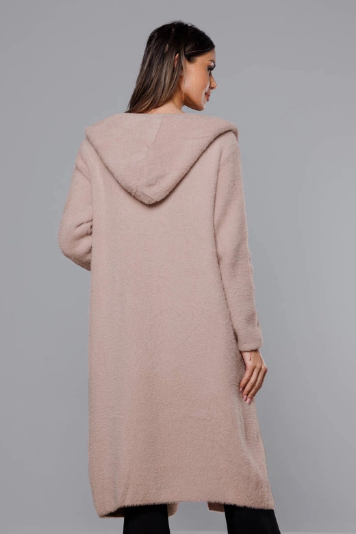 Długa wełniana narzutka alpaka z kapturem beż (M105-1)