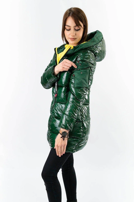 BŁYSZCZĄCA ZIMOWA KURTKA DAMSKA ZIELONO-ŻÓŁTA (R9545)