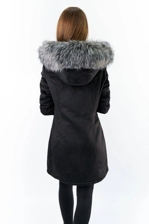 ZAMSZOWA DAMSKA KURTKA ZIMOWA Z KAPTUREM CZARNA (6516)