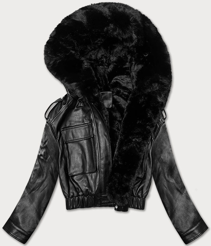 Krótka kurtka przejściowa skórzana z futerkiem J Style czarna (11Z8172)