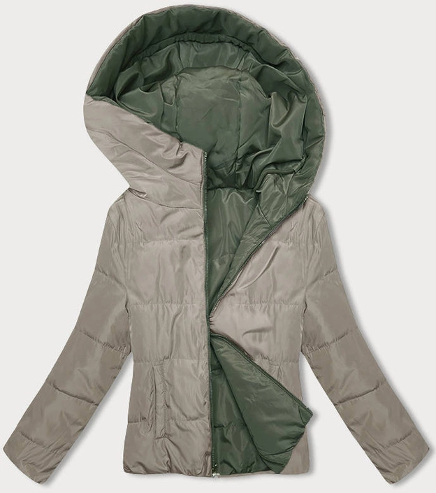 Dwustronna krótka kurtka z kapturem khaki-beż (B8181-11046)