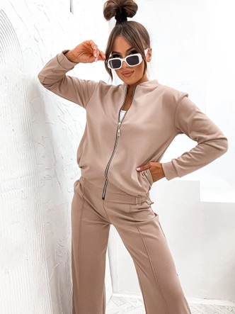 Komplet damski szerokie spodnie i bluza bomberka ciemnobeżowy (82105)