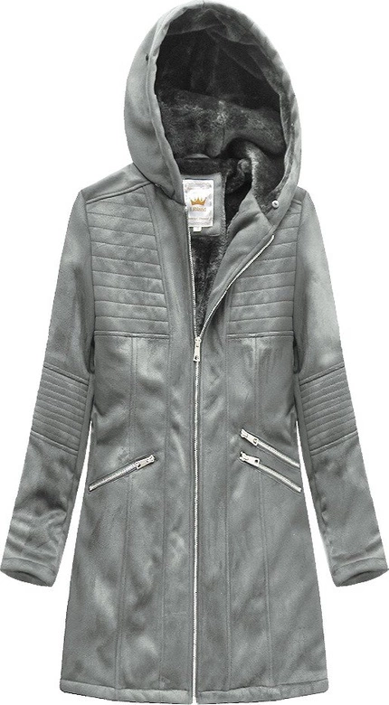 ZAMSZOWA DAMSKA KURTKA ZIMOWA Z KAPTUREM SZARA (6516BIG)