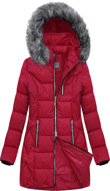 PIKOWANA DAMSKA KURTKA ZIMOWA Z KAPTUREM CZERWONA (B2644)