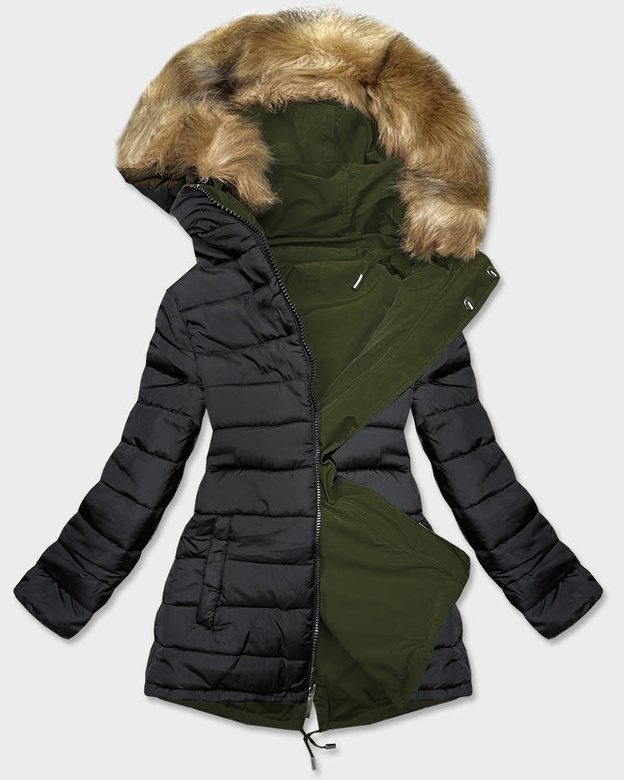 Dwustronna damska kurtka zimowa khaki-czarna (w557-1big)