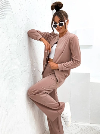 Komplet damski szerokie spodnie i bluza bomberka cappuccino (82105)