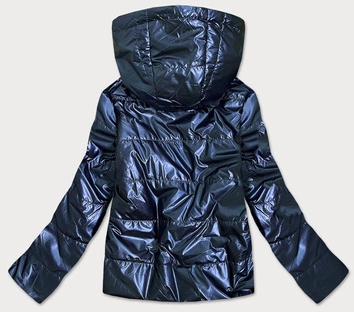 Błyszcząca damska kurtka z kapturem granatowa (b9575)