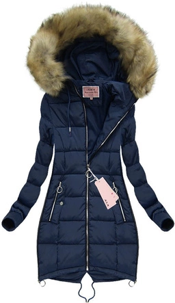 PIKOWANA KURTKA DAMSKA ZIMOWA Z KAPTUREM GRANATOWA (W128)