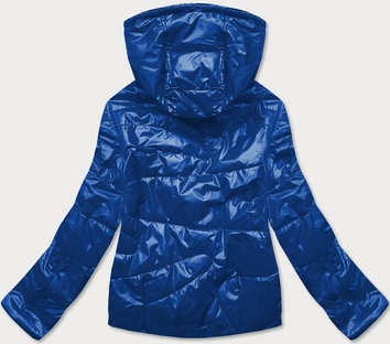 Krótka kurtka damska z kolorowym kapturem chabrowo/czarna (bh2005)