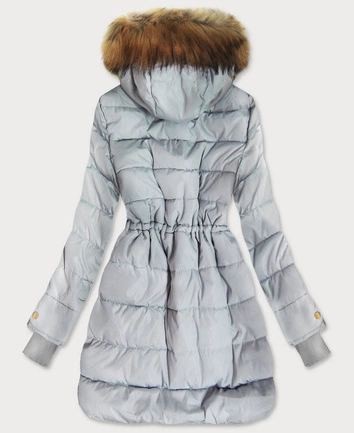 PIKOWANA KURTKA DAMSKA ZIMOWA  Z KAPTUREM SZAROMIĘTOWA (W721)