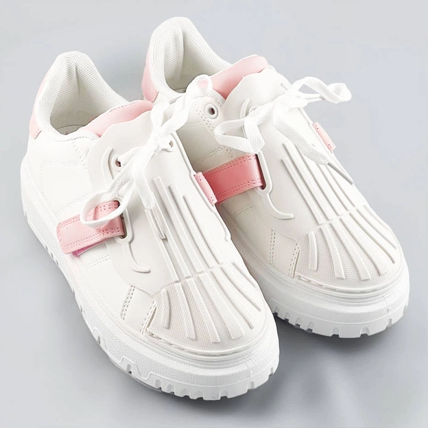 Damskie buty sportowe z nakładką na sznurowadła biało-różowe (ra2049)