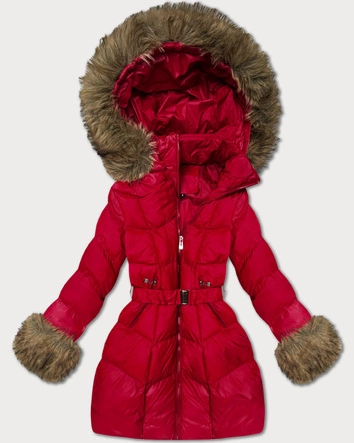 Pikowana przejściowa kurtka damska z futerkiem J Style ciemny czerwony (5M3357-1)
