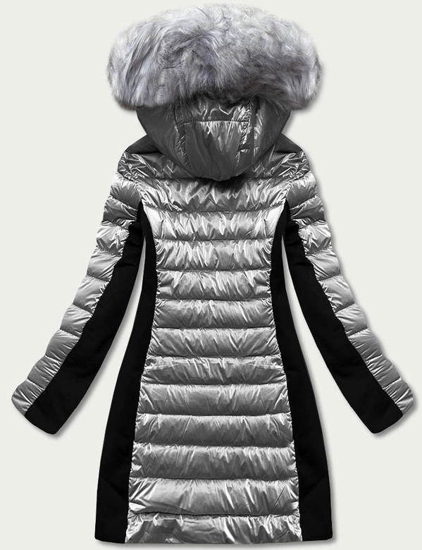 Zimowa kurtka damska z łączonych materiałów szara (dk067-45)