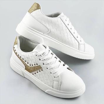 Sznurowane sneakersy damskie biało-złote (rc-03)