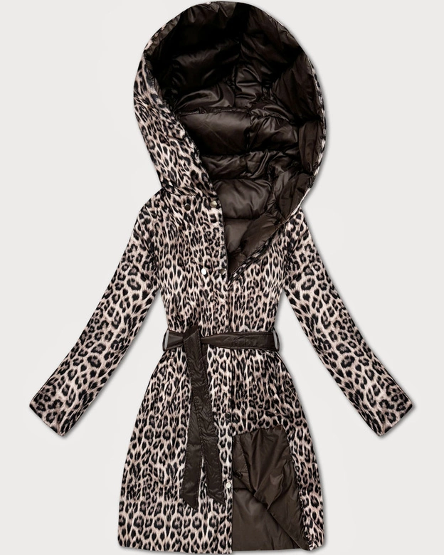 Dwustronna kurtka zimowa plus size czekoladowa/panterka (M6-6008-103)
