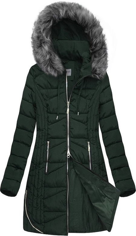 PIKOWANA DAMSKA KURTKA ZIMOWA Z KAPTUREM BUTELKOWA ZIELEŃ (B2632-30)