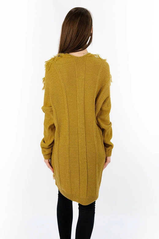CIEPŁY SWETER Z FRĘDZLAMI MUSZTARDOWY (155ART)