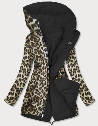 DWUSTRONNA PARKA DAMSKA Z KAPTUREM CZARNA-PANTERKA (W354BIG)