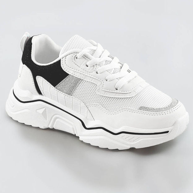 Sneakersy damskie z brokatowymi wstawkami biało-czarne (lu-2)