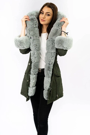 BAWEŁNIANA DAMSKA PARKA ZIMOWA Z FUTREM KHAKI (XW793X)