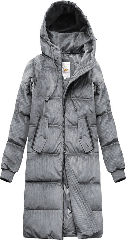 Zimowa sztruksowa kurtka damska z kapturem szara (7763)