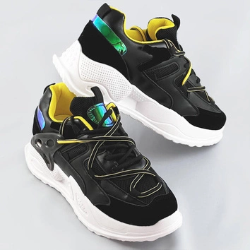 Sneakersy damskie z podwójnymi sznurówkami czarne (7001)