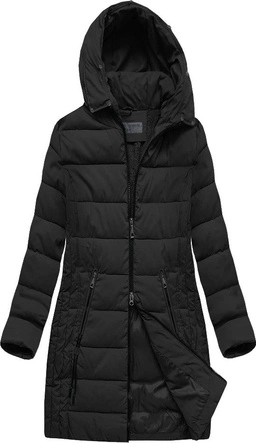 DŁUŻSZA PIKOWANA DAMSKA KURTKA ZIMOWA Z KAPTUREM CZARNA (B9502)