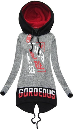 DŁUGA BLUZA Z NADRUKAMI I KAPTUREM CIEMNOSZARA (X1720X)