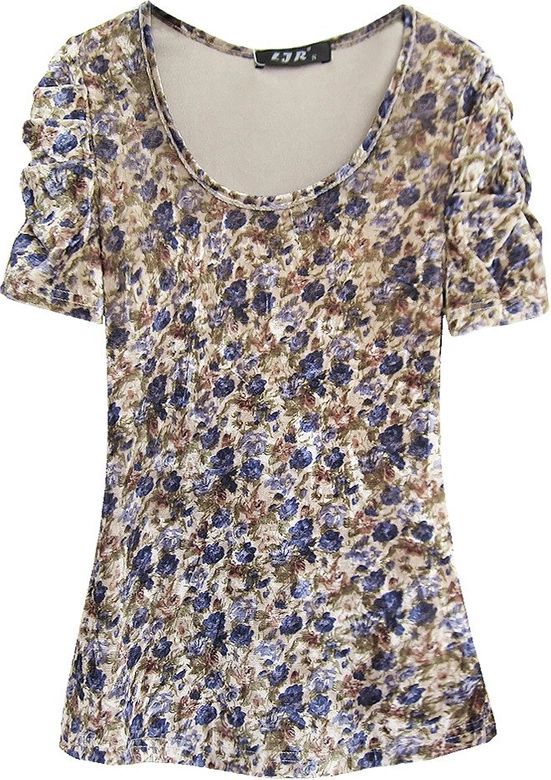 WELUROWA BLUZKA W KWIATY ZŁOTO-GRANATOWA (3682/1)