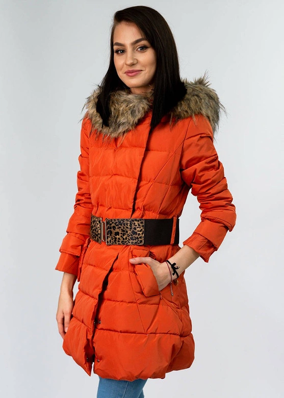 ZIMOWA KURTKA DAMSKA Z KAPTUREM PASKIEM CEGLANA (1976)