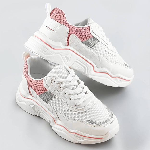 Sneakersy damskie z brokatowymi wstawkami biało-różowe (lu-2)