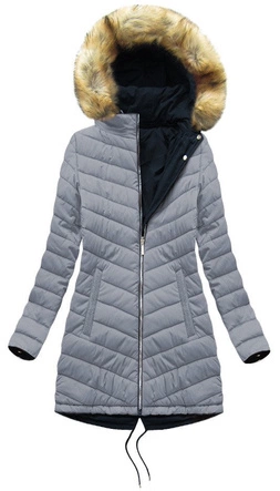 Dwustronna damska kurtka zimowa z kapturem granatowo-szara (w214big)