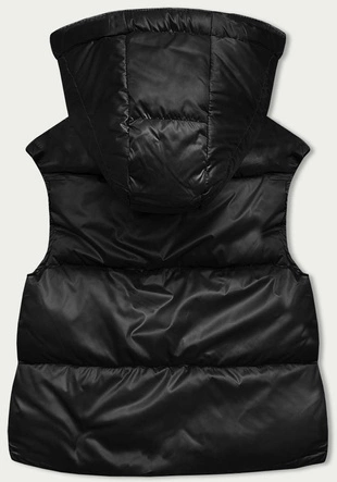 Krótki bezrękawnik damski z kapturem czarny (B8156-1)