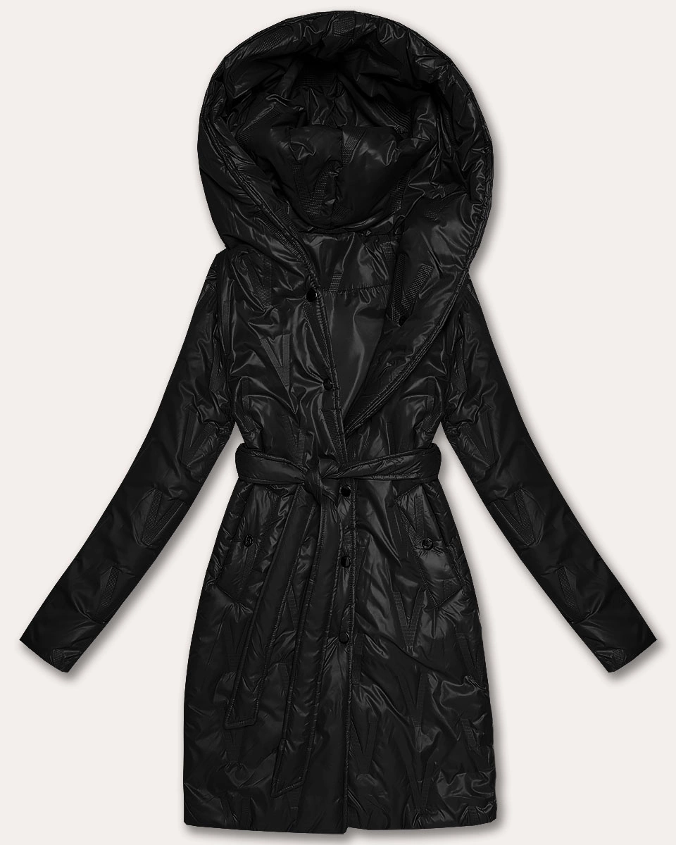 Pikowany płaszcz damski z paskiem S'West czarny (B8508-1)