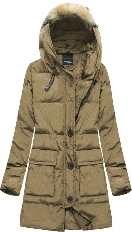 ZIMOWA PIKOWANA KURTKA DAMSKA Z PUCHEM NATURALNYM CIEMNOBEŻOWA (X1296X)