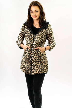 DWUSTRONNA KURTKA DAMSKA Z KAPTUREM CZARNA W PANTERKĘ (W352)