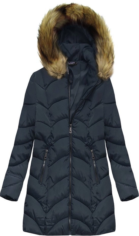 PIKOWANA ZIMOWA DAMSKA KURTKA Z KAPTUREM GRANATOWA (X1801X)
