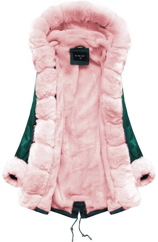 ZIMOWA DAMSKA PARKA Z FUTERKIEM ZIELONO-RÓŻOWA (B500)