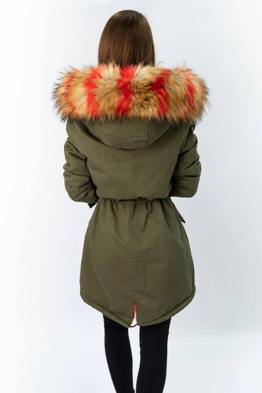 Kurtka parka damska zimowa khaki-czerwona (x619x)