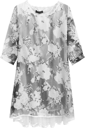 ELEGANCKA BLUZKA W KWIATY BIAŁO-SZARA (428ART)