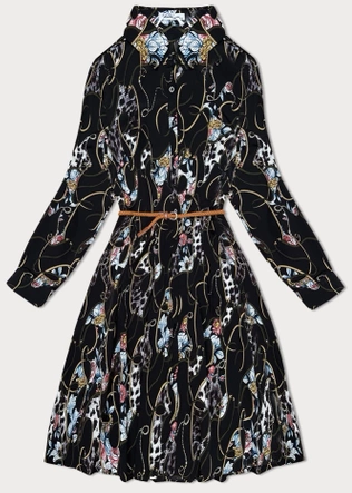 Plisowana sukienka z kołnierzykiem czarna w kwiaty (Z-56)