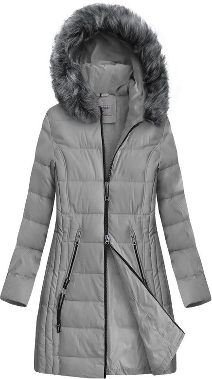 PIKOWANA DAMSKA ZIMOWA KURTKA Z KAPTUREM SZARA (B9501)
