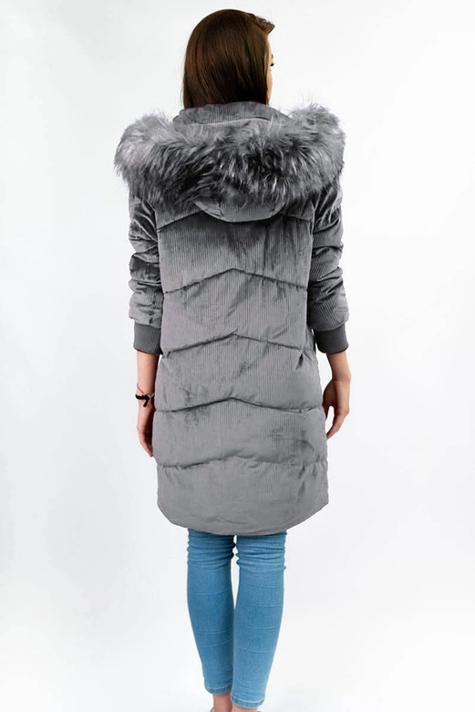 Sztruksowa zimowa kurtka damska z kapturem szara (7764)